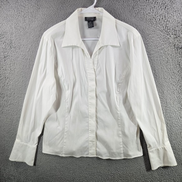 Lafayette 148 New York Womens White Cotton Stretch Hidden Button Blouse Size 12 - Picture 1 of 10